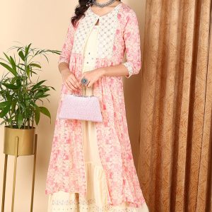 Pink Cotton Geometric Embroidered Flared Kurta