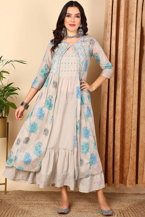 Grey Cotton Ethnic Motifs Embroidered Flared Kurta