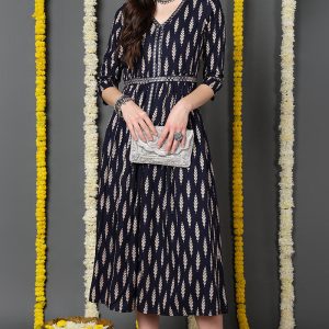 Navy Blue Viscose Rayon Ethnic Motifs Printed A-Line Dress