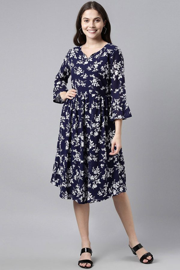 Navy Blue Chiffon Floral Print Midi Dress