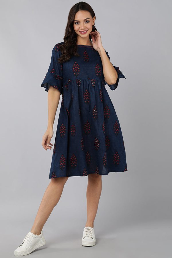 Navy Blue Cotton Ethnic Motifs Midi Dress