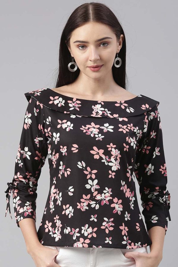 Black Georgette Floral Printed Regular Top